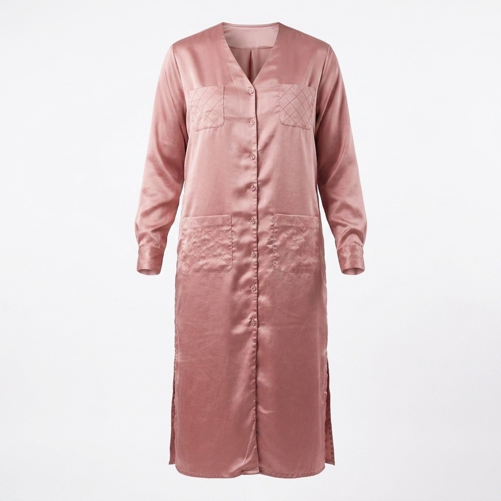 Womens Pink/ Peach Satin Button Front House Coat Dress‎ Pockets Heart Buttons M